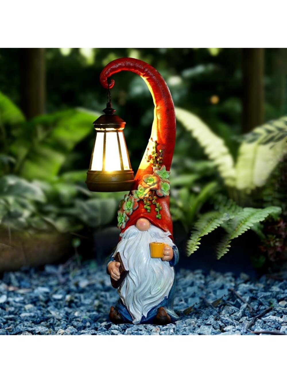 Solar-Powered Coffee Gnome Garden Statue | Lantern Decor for Patio & Courtyard
